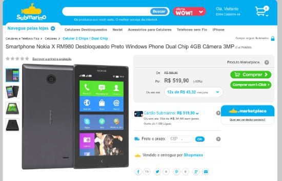 Nokia X: Preço do smartphone aparece no Submarino Nokia X Submarino