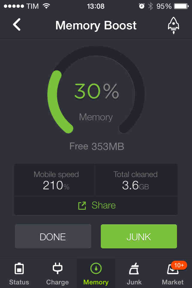 Iphone travando? Veja possíveis soluções! Depois do BOOST vá em JUNK para ele passar um scan e remover tudo que é inutil no celular. (foto: MOBILE BIT)