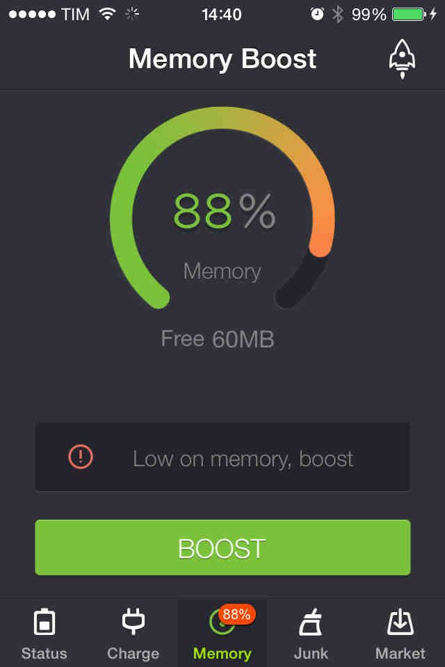 Iphone travando? Veja possíveis soluções! na parte de memory boost é simples, aperte o botão e otimize a memoria. (recomendavel fazer pelo menos uma vez a cada 15 dias) (foto: MOBILE BIT)