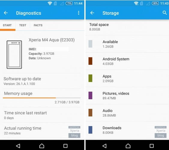 Xperia M4 Aqua: Dos 8GB de Memória Interna apenas 1,2GB estão disponíveis (Atualizado) Xperia M4 Aqua: 8GB de Memória Interna e 1,2GB disponíveis