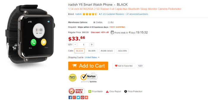 Iradish Y6 - Smartwatch está em promoção na loja virtual GearBest