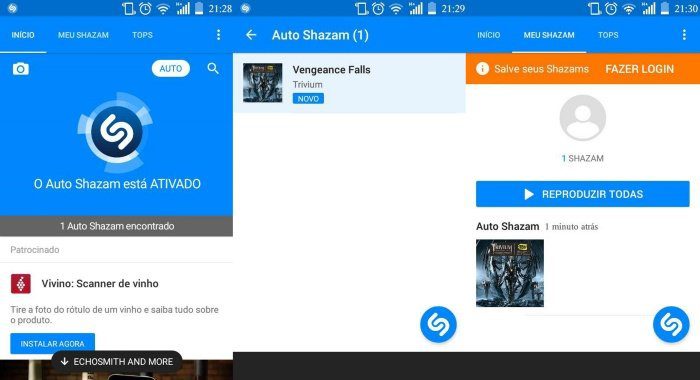 Shazam: Aplicativo de reconhecimento de músicas ganha novo recurso Após ativado, o Auto Shazam identifica a faixa em execução e a manda para uma aba com o mesmo nome. (Foto: Reprodução/Mobile Bit)
