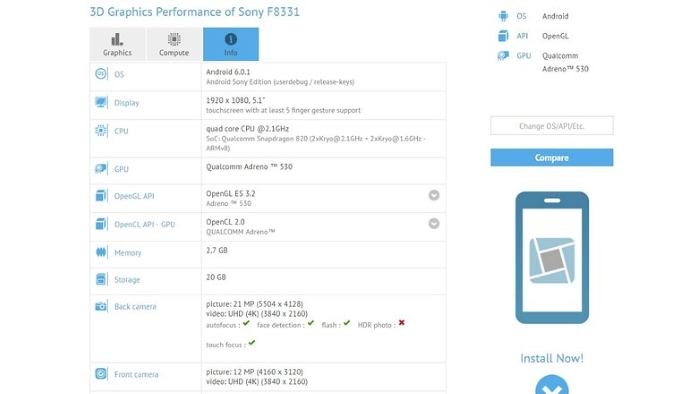 Flagra do novo modelo Sony F8331 GFXBench (Foto: Divulgação/GFXBench)