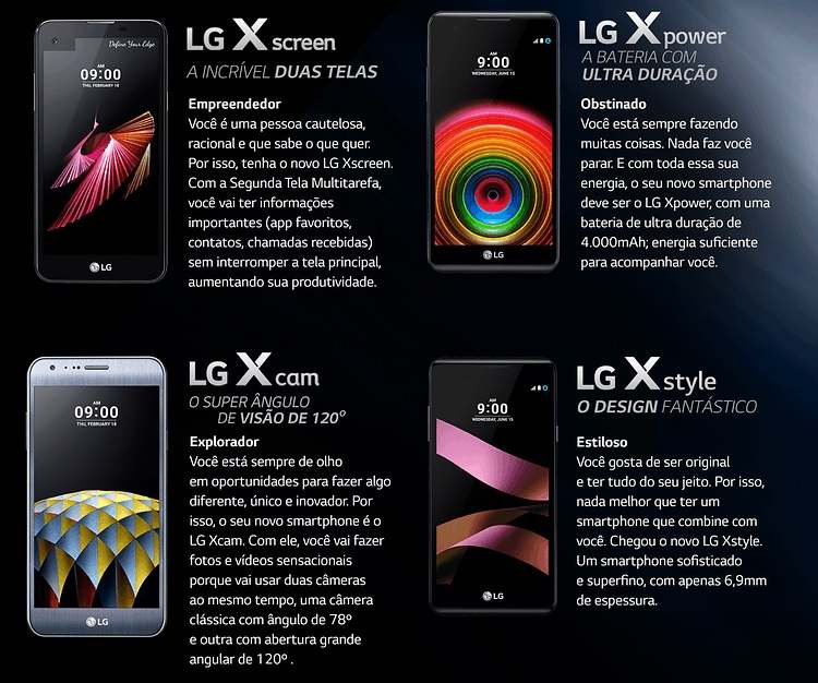 Linha LG X conta com quatro dispositivos e recebem breves descrições pela empresa. (Foto: Divulgação/Samsung)