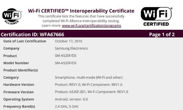 Segundo a certificação do Samsung Galaxy A5 (2017) o dispositivo chegará rodando com Android 6.0 Marshmallow. (Foto: Divulgação/Wi-Fi)