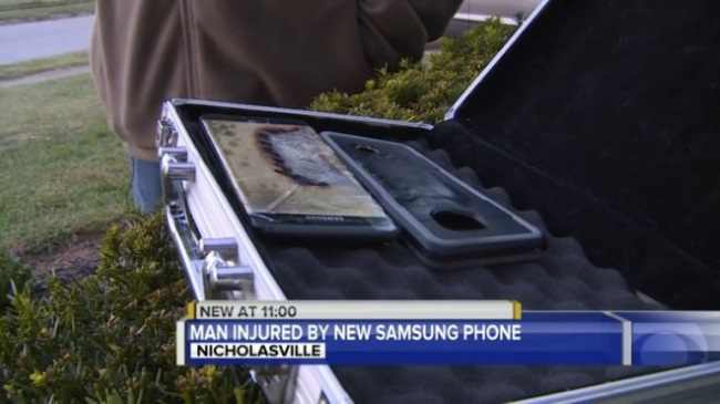 Samsung Galaxy Note : Novo caso de explosão do aparelho leva seu dono ao hospital Novo caso de explosão de um modelo de substituição do Galaxy Note 7 levou seu dono para o hospital. (Foto: Divulgação/WKYT)