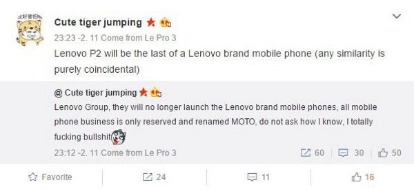 Rumor aponta que a Lenovo irá lançar apenas dispositivos da linha Moto no próximo ano. (Foto: Divulgação/Weibo)