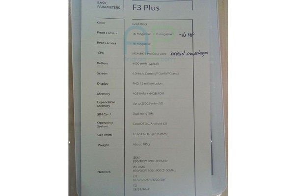 Oppo F3 Plus tem suas especificações vazadas em um documento Oppo F3 Plus Specifications
