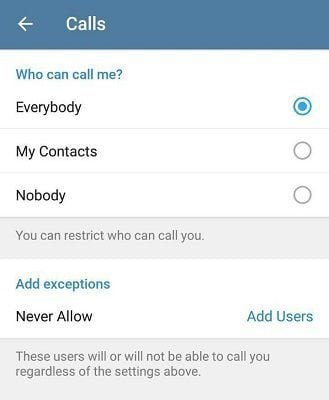 Telegram finalmente está implementando o recurso de chamadas permissoes de chamada