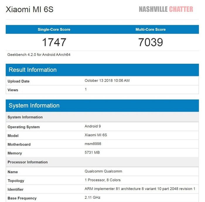 Xiaomi Mi 6S passa por benchmark com Snapdragon 835 e Android 9 Pie xiaomi mi 6s passa por benchmark