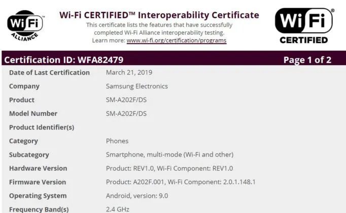 Galaxy A20e é certificado pelo Wi-Fi Alliance e pelo Bluetooth SIG Galaxy A20e passa por certificação no Wi-Fi Alliance com Android 9 Pie.