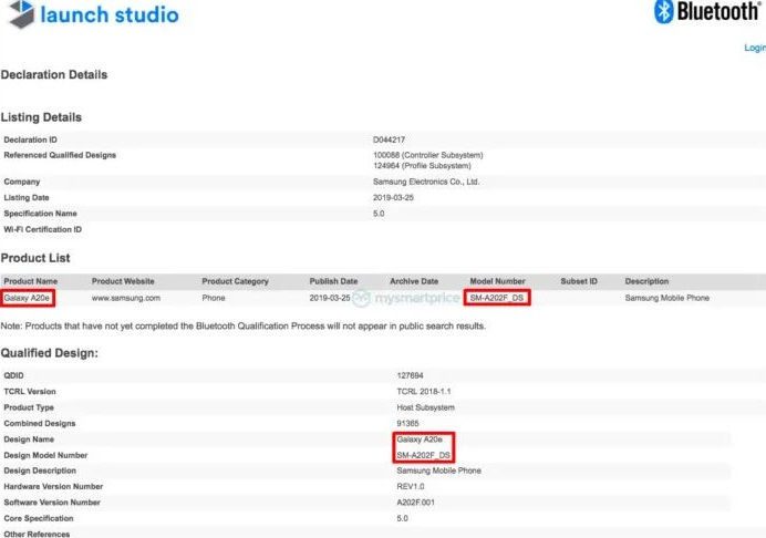 Galaxy A20e é certificado pelo Wi-Fi Alliance e pelo Bluetooth SIG Galaxy A20e recebe certificação no Bluetooth SIG.