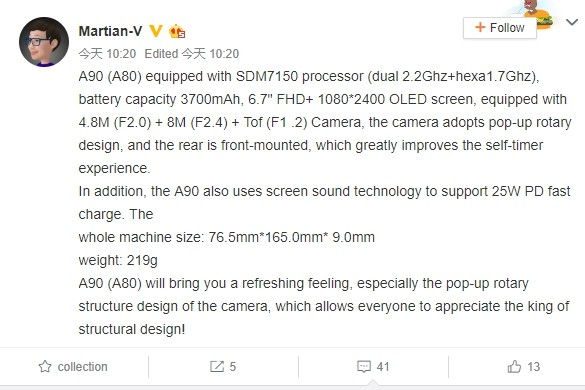 Galaxy A90 têm novas especificações reveladas em vazamento Novo vazamento reforça que o Galaxy A90 chegará com câmera frontal pop-up giratória.