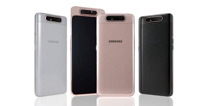 Samsung anuncia linha Galaxy A 2019 para o Brasil O Galaxy A80 conta com três câmeras traseiras em um mecanismo retrátil giratório, que permite que os sensores sejam usados na parte frontal.