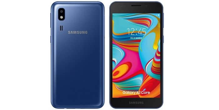 Samsung Galaxy A2 Core na cor azul.