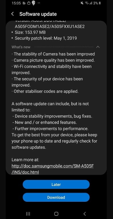Galaxy A50 começa a receber o pacote de segurança de maio 2019 Captura de tela da atualização de segurança de maio 2019 do Galaxy A50.