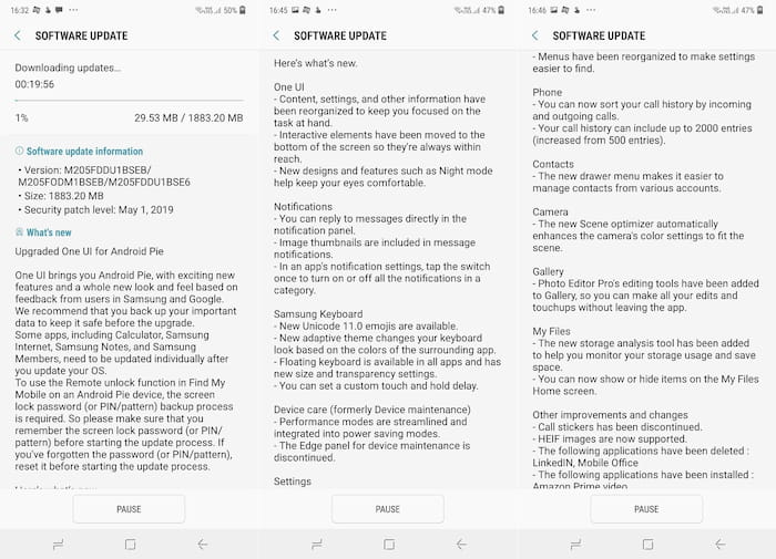 Galaxy M10 e M20 começam a receber o Android 9 Pie na Índia Captura de tela da atualização para o Android 9 Pie nos Galaxy M10 e M20.