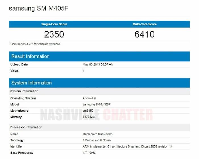 Listagem das especificações e resultado do Galaxy M40 no teste de benchmark.