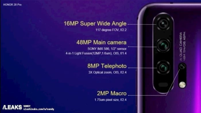 Honor 20 e Honor 20 Pro: Vazamento detalha câmeras dos dispositivos Imagem detalhada das câmeras traseiras do Honor 20 Pro.