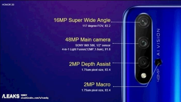 Honor 20 e Honor 20 Pro: Vazamento detalha câmeras dos dispositivos Imagem detalhada das câmeras traseiras do Honor 20.