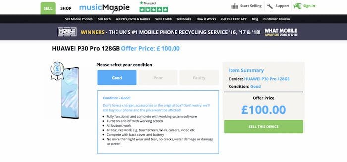 Huawei P30 Pro - Preço do flagship começa a cair no mercado britânico Captura de tela do Huawei P30 Pro por £ 100 em site britânico.