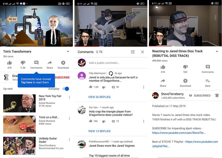 Captura de tela do novo Layout do app do YouTube para Android.