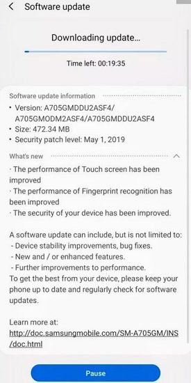 Galaxy A30 e A70 recebem atualização com correções e melhorias Captura de tela da atualização para o Galaxy A70.