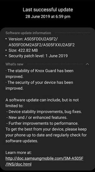 Galaxy A50 começa a receber o pacote de segurança de junho de 2019 Captura de tela da atualização para o Galaxy A50.