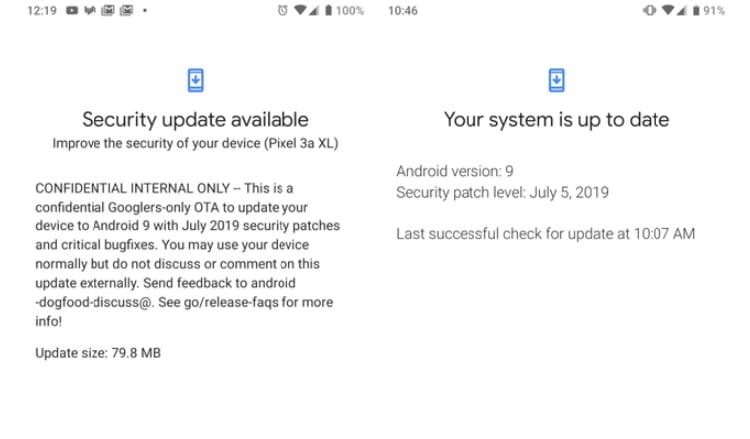 Google Pixel 3a e 3a XL recebem patch de segurança de julho por engano Captura de tela do pacote de segurança de julho de 2019 para o Google Pixel 3a e 3a XL.