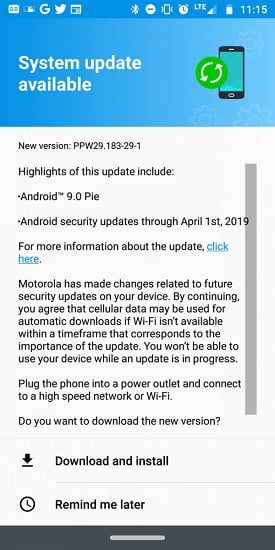 Captura de tela da atualização para o Android 9 Pie no Moto Z3 Play nos Estados Unidos.