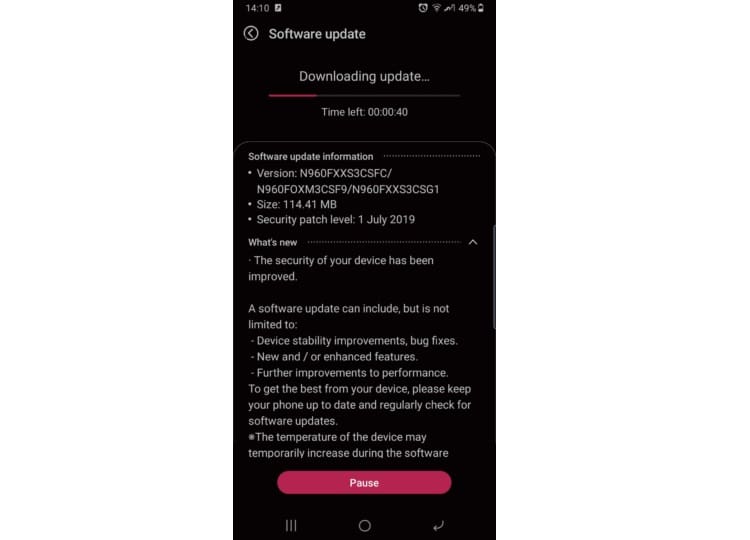 Galaxy Note 9 começa a receber patch de segurança de julho de 2019 Captura de tela do patch de segurança de julho 2019 do Galaxy Note 9.