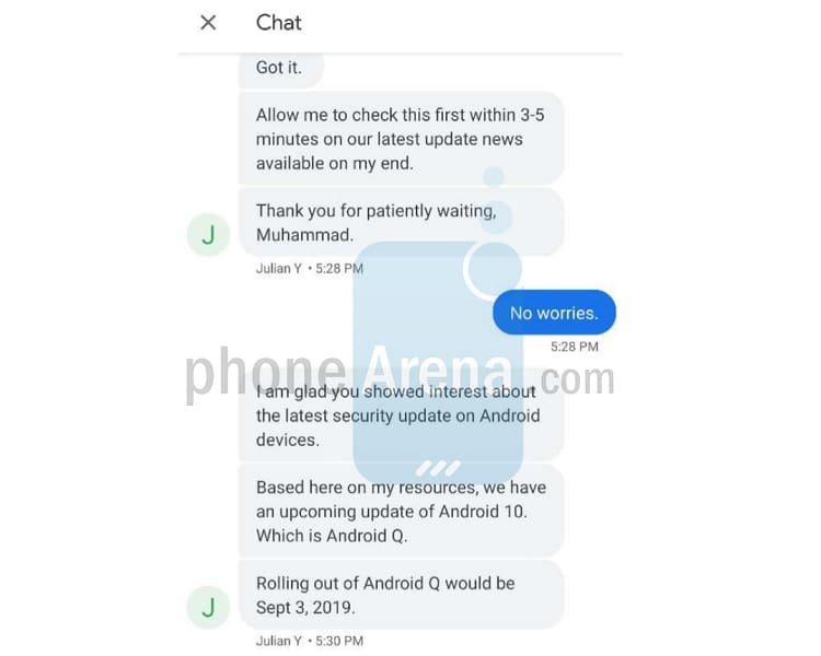 Android 10 tem data de lançamento para a linha Pixel revelada Captura de tela chat sobre Android 10.