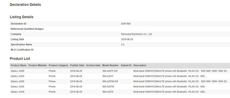 Galaxy A20s recebe certificação Bluetooth indicando lançamento iminente Captura de tela Galaxy A20s Bluetooth SIG.
