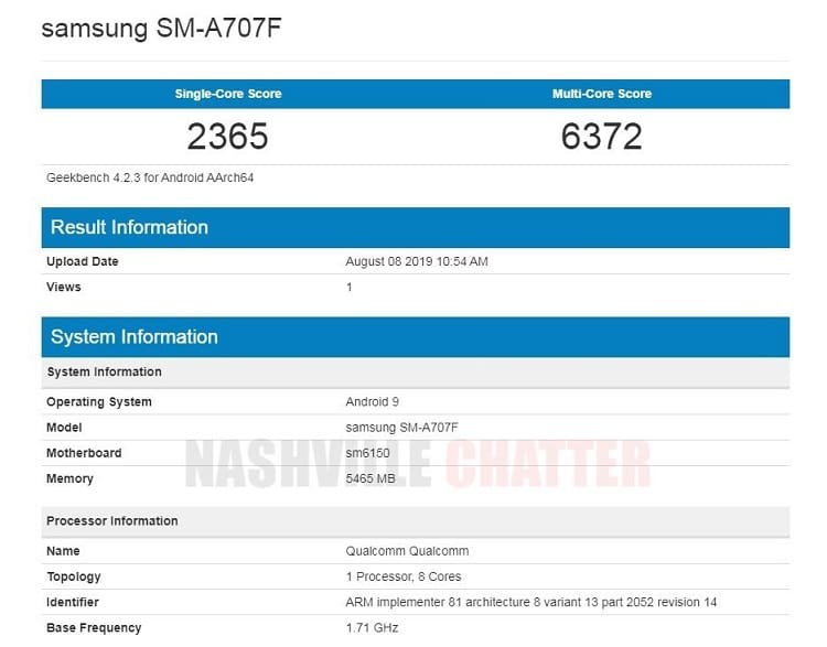 Galaxy A70s tem especificações técnicas reveladas em benchmark Teste de benchmark do Galaxy A70s.