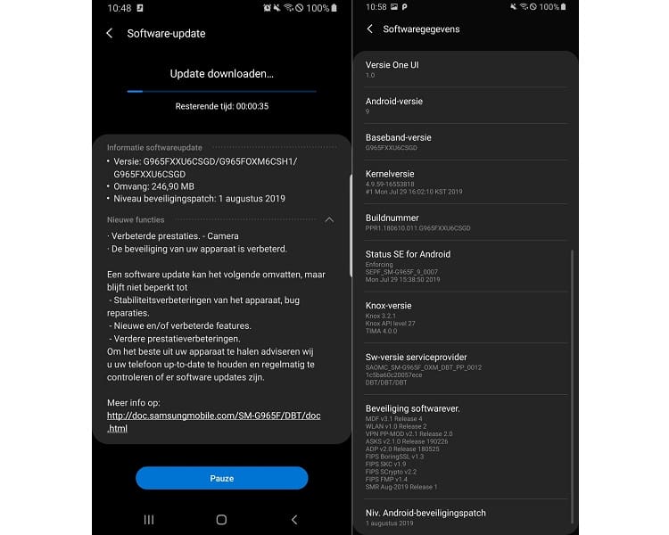 Galaxy S9 e S9+ recebem pacote de segurança de agosto de 2019 Captura de tela do novo update para o Galaxy S9 e S9+.
