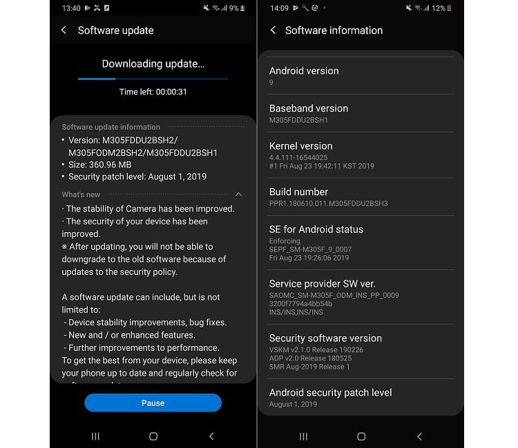 Galaxy M20 e M30 começam a receber o patch de segurança de agosto Captura de tela atualização Galaxy M20 e M30.