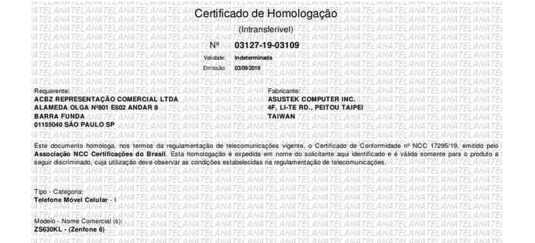 Zenfone 6 é homologado pela Anatel indicando lançamento iminente Zenfone 6 certificação Anatel.