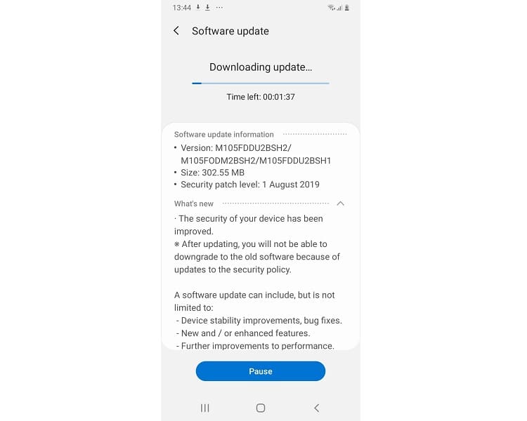 Captura de tela da atualização de agosto 2019 do Galaxy M10.