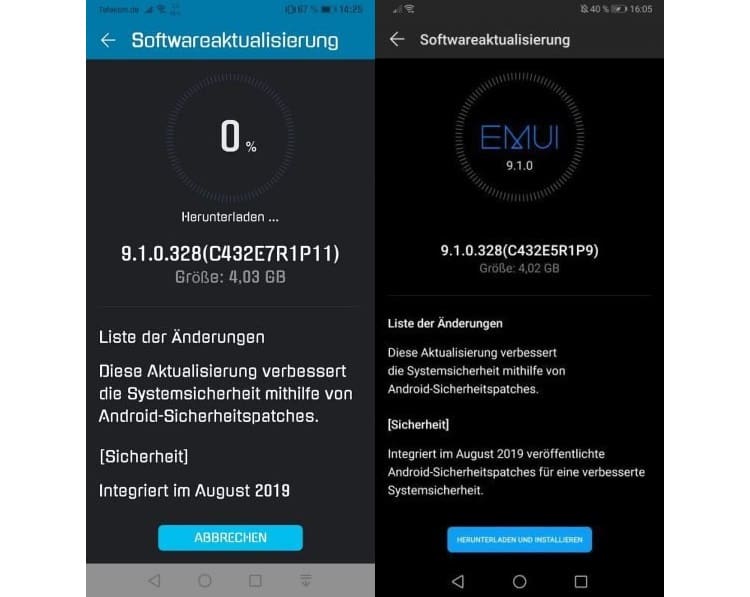 Huawei P20 e P20 Pro recebem o pacote de segurança de agosto de 2019 Captura de tela atualização Huawei P20 e P20 Pro.