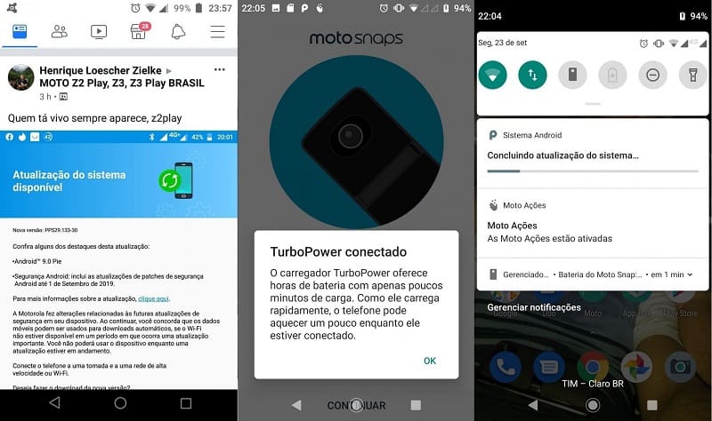 Moto Z2 Play recebe atualização para o Android 9 Pie no Brasil Captura de tela da atualização para o Android 9 Pie no Moto Z2 Play.