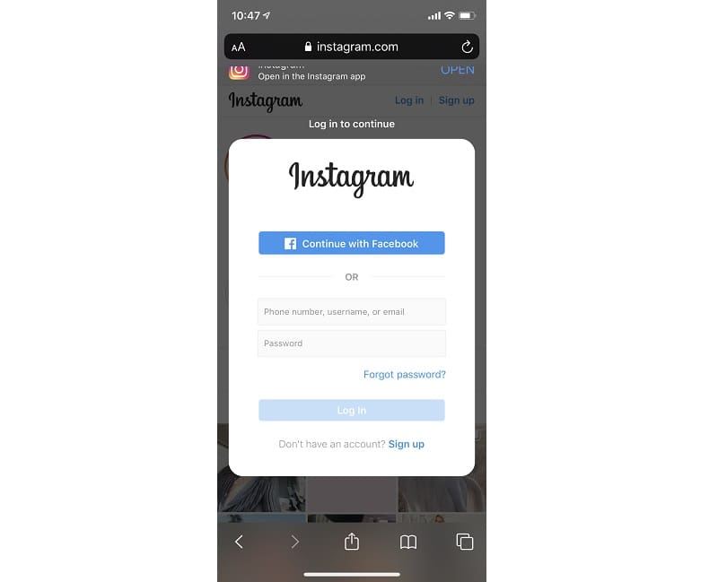Captura de tela da nova atualização do Instagram, a janela pede que o usuário logue em sua conta.