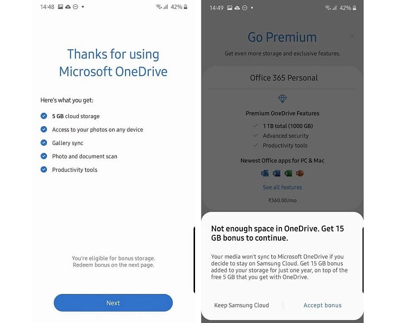 Samsung Cloud será substituído pelo OneDrive em dispositivos Galaxy Captura de tela do pacote migração do Samsung Cloud para OneDrive.