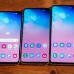 Galaxy S10e ao lado do Galaxy S10 e S10+.
