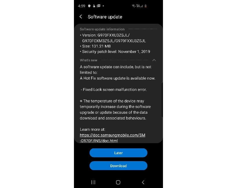 Captura de tela do update corretivo da falha da One UI 2.0 para o Galaxy S10.