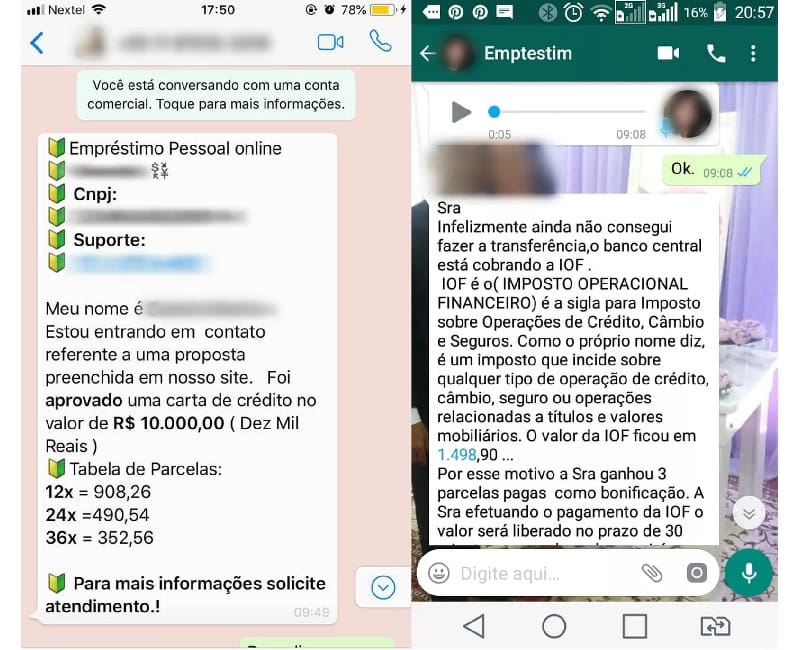 Captura de tela de golpista oferecendo empréstimo falso em usuário através do WhatsApp.