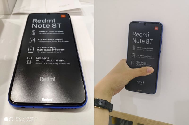 Imagens vazadas do Redmi Note 8T, com película protetora na tela descrevendo algumas especificações.