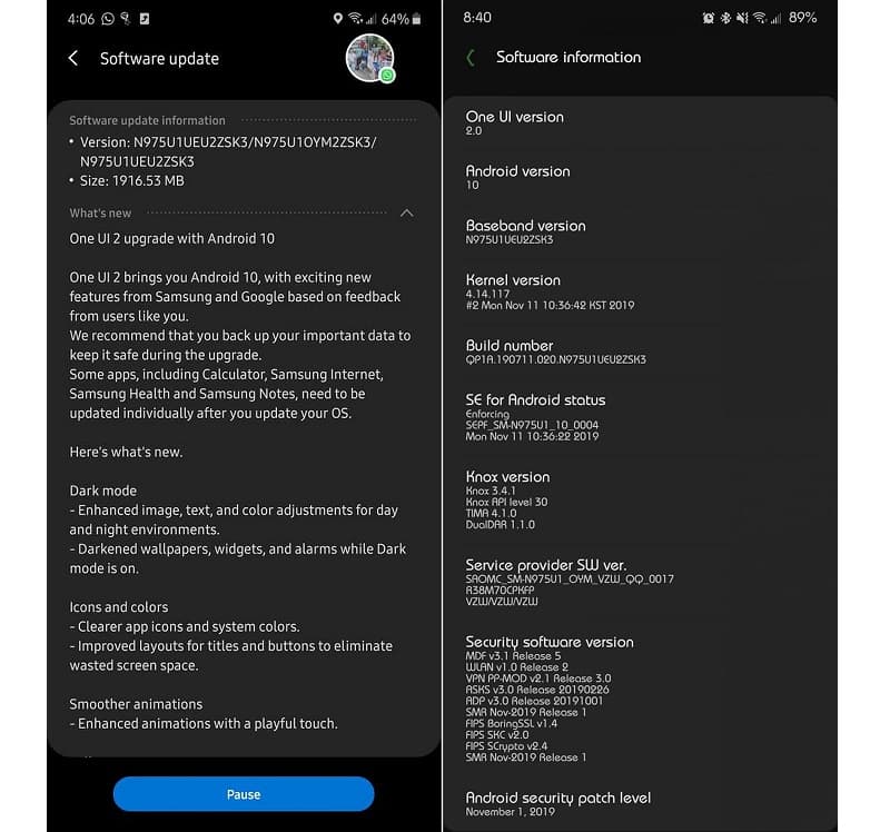 Galaxy Note 10 ganha Android 10 beta com One UI 2.0 em mais um país Captura de tela da atualização beta do Android 10 com a One UI 2.0 no Samsung Galaxy Note 10.