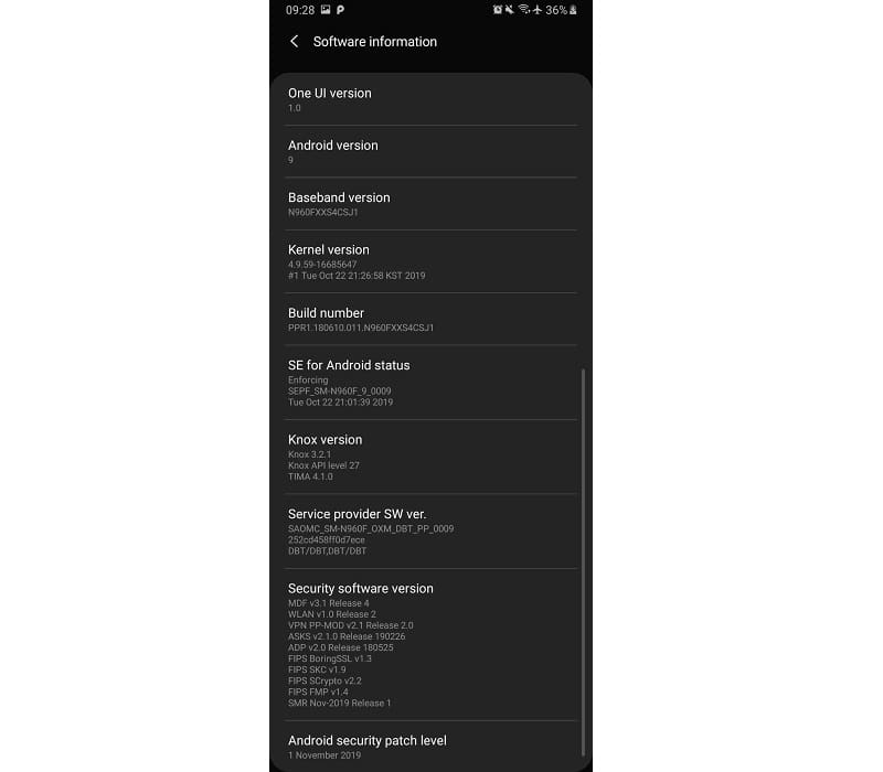 Galaxy Note 9 é atualizado com pacote de segurança de novembro Captura de tela do patch de segurança de novembro 2019 no Galaxy Note 9.