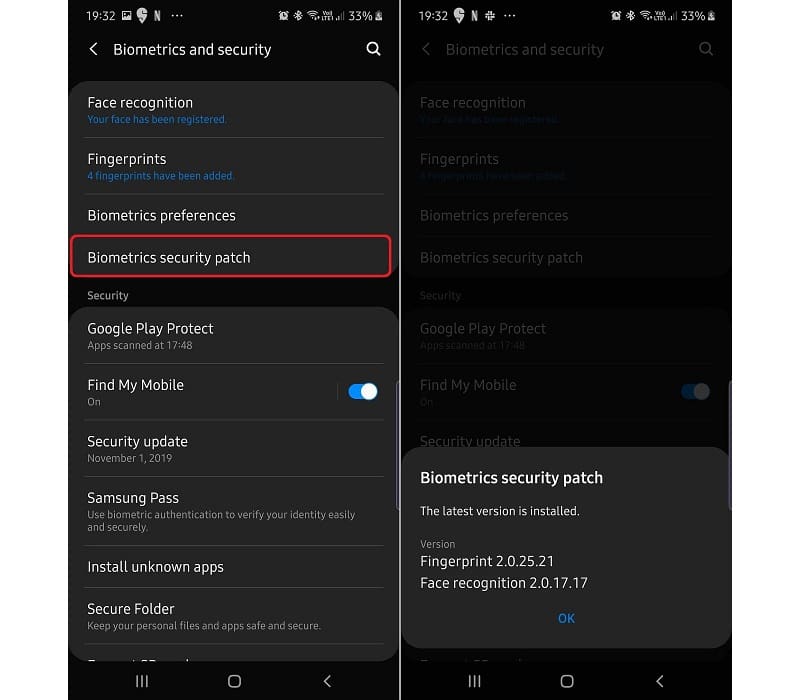 Galaxy S10 e Note 10 ganham novo recurso relacionado à biometria Captura de tela da nova opção do leitor biométrico do Samsung Galaxy Note 10 e Galaxy S10.