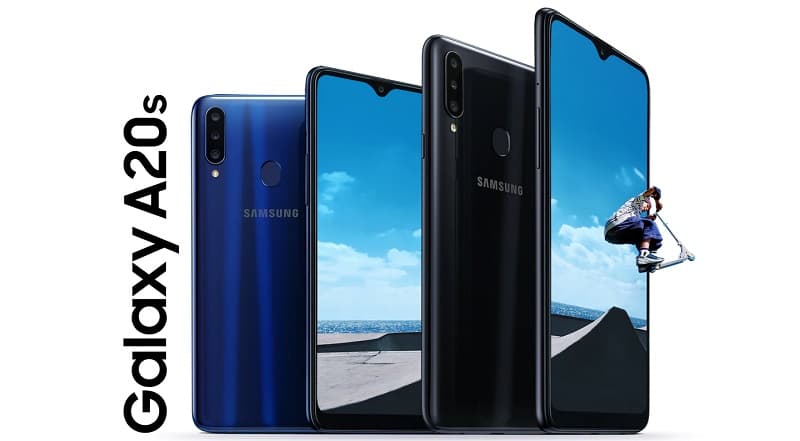Galaxy A20s nas cores azul e preto.
